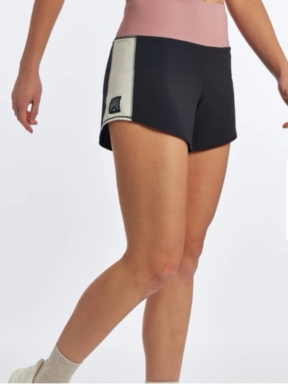 oiselle Black Running Shorts with Pink Waistband and White Side Panels
